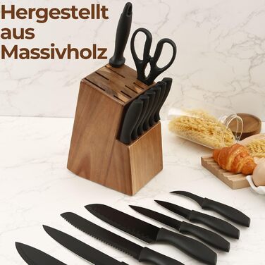 Набір ножів кухонних 15 шт. з дерев'яним блоком (з ножицями та точилкою). Набір ножів з блоком з масиву акації