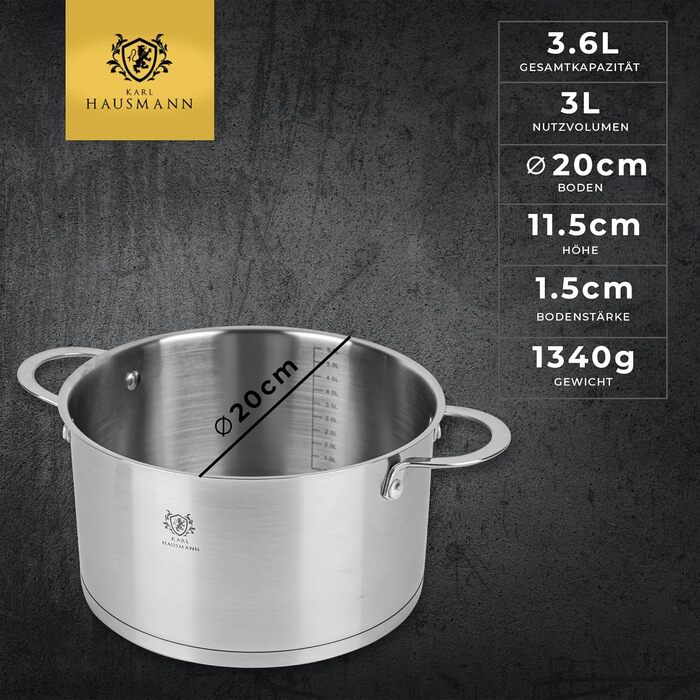 Нержавіюча каструля Karl Hausmann 3.6L, Ø 20 см - каструля з нержавіючої сталі з кришкою для всіх типів плит (індукція)