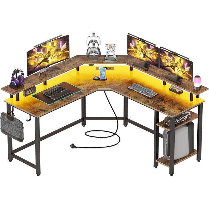 Комп'ютерний стіл Rolanstar L-подібний з RGB підсвічуванням та розетками, геймінговий стіл з полицею та гачками, для офісу, робочого кабінету, спальні (117 см, Vintagebraun, 137 x 137 x 87 см)