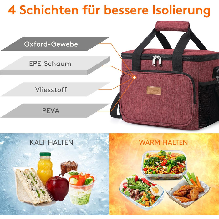 Термосумка-холодильник Lifewit 15л, червоний: сумка для ланчу, пляшок, пляжу, подорожей. Ізольована, водонепроникна, складана