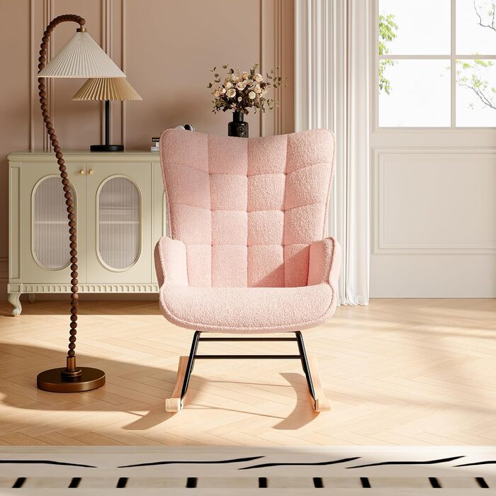 Крісло-гойдалка Liuyoyo з високою спинкою, комфортне крісло з м'яким сидінням, для спальні, офісу, читання, сучасний дизайн (Рожевий)