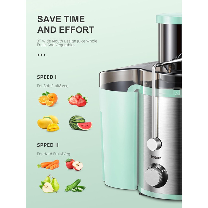 Шокер-віджимач Reemix для овочів та фруктів, професійний соковичавник з нержавіючої сталі, 800W, 3 швидкості, Aqua