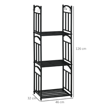 Стильна полиця для дров Outsunny – 46 x 32 x 126 см, 3 яруси, з 4 гачками. Металева, чорного кольору.