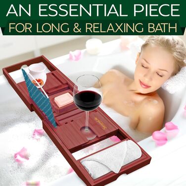 Підставка для ванни SereneLife з дерева – Розширювана підставка для ванни 70-105 см з тримачем для напоїв та книжковою підставкою (Колір: Коричневий)