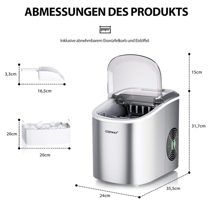 Машина для виробництва кубиків льоду COSTWAY 12 кг/24 години, 9 кубиків льоду за 6-13 хвилин, 2 розміри льоду, з кошиком і лопатою (срібло)