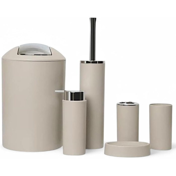 Набір аксесуарів для ванної кімнати 6tlg Badset: мильниця, стакан для зубних щіток, відро для косметики, щітка для унітазу з тримачем, мильниця, сміттєвий бак, тримач для зубних щіток, повна ванна кімнатна гарнітура (бежевий дизайн 2a)