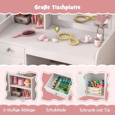 Дзеркальний столик для макіяжу Dreamade 2 в 1 для дівчаток з пуфом та LED-підсвіткою, з ящиком, полицею та шафкою, з дерева (білий)