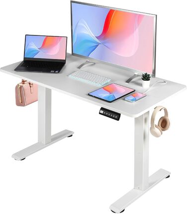 Електричний регульований стіл Pachira 120x60 см з пам'яттю та LED-дисплеєм, з гачками та кабелеуправлінням, ергономічний для дому/офісу, білий