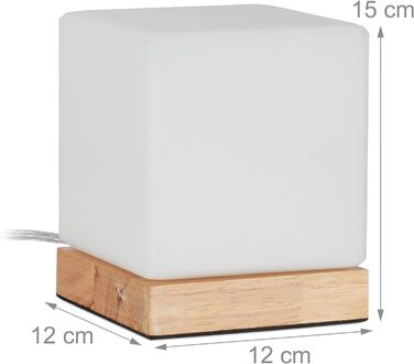 Настільна лампа куб, вітальня та спальня, дерево та матове скло, приліжкова лампа E14, 15 x 12 x 12 см, білий/природа