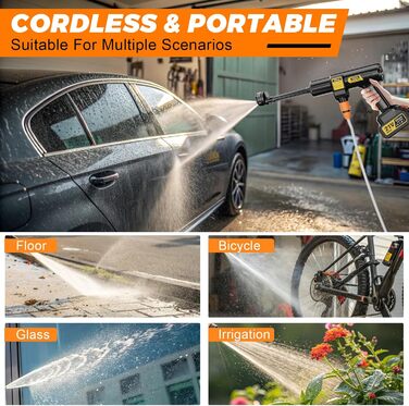 Акумуляторний високонапірний мийник Gisam, 65 Bar, 943 PSI, 2 x 4000mA, з піноплавником, 6-в-1 насадка, поворотна на 180° для авто (Gisam-01)