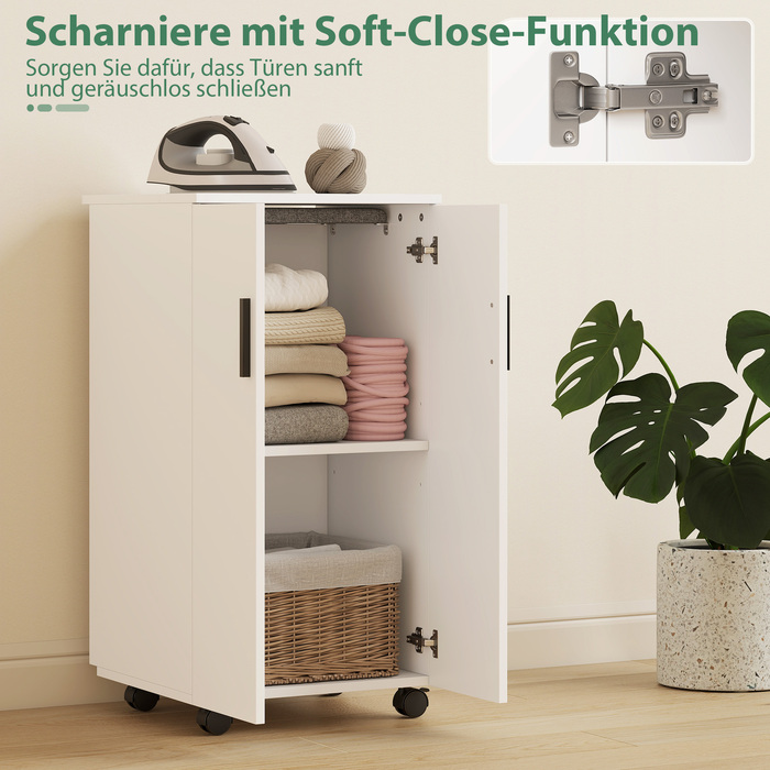 Складаний шафа-прасувальна дошка 2-в-1 на колесах з регульованою полицею для маленьких приміщень, білий