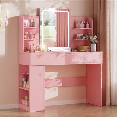 Трюмо Airfish з підсвічуванням 108x40 см: туалетний столик з дзеркалом, полицями, 2 шухлядами, регульоване освітлення, для спальні/вітальні (білий/рожевий)