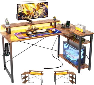 Кутовий ігровий стіл з LED-підсвіткою та розетками, 120x70 см, колір: сіра береза (рустикальний коричневий)