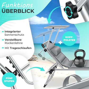 Кесер® Сонячне ліжко Sun з дахом: розкладне ліжко для саду, пляжу та відпочинку. Алюмінієвий каркас, регульована спинка, зручний матрац, сірий колір.