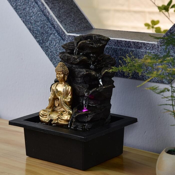 Штучний фонтан для саду Zen Light Shira - чорний, з LED-підсвіткою та насосом, з штучного каміння