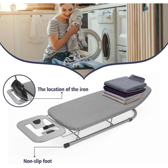 Прасувальна дошка Rainberg Tisch-Bügelbrett: компактна, сіра, 76 x 30 см, з бавовняним покриттям та підставкою для праски