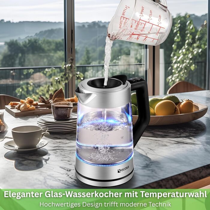 Електричний чайник-заварник зі скла та нержавіючої сталі, 1.7 л, 2200 Вт, з регулюванням температури, з підсвічуванням, BPA Free