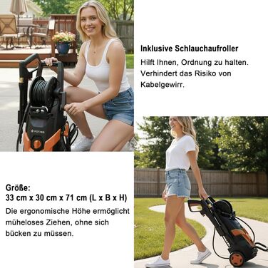 Високотискний мийник 180 бар, 6-в-1 насадка, продуктивність 420 л/год, площа очищення 50 м²/год, економний, з піночистою та барабаном для шлангу, для авто та під'їздів, червоний