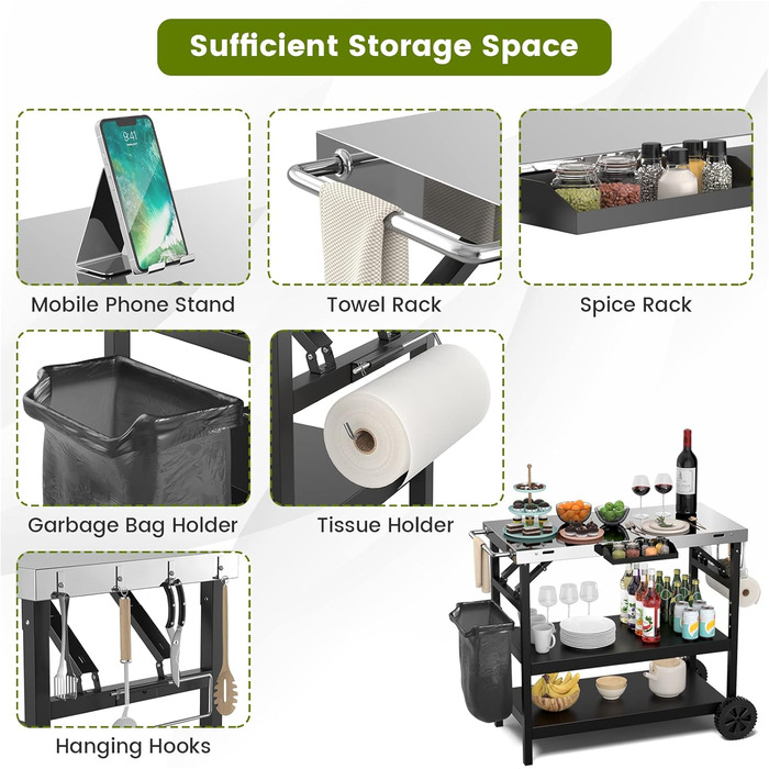 Гриль-возна коляска KOMFOTTEU: складаний гриль-стіл з нержавіючою сталею, мобільний гриль на коліщатках з регульованою полицею, тримач для телефону та рушника, чорний