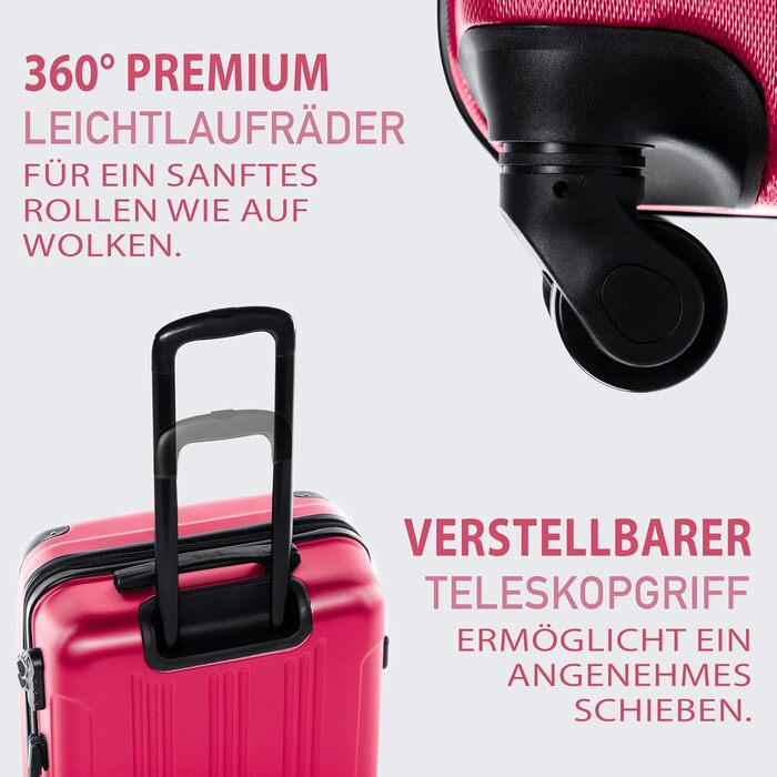Набір валіз FERGÉ 3 шт. з жорстким корпусом QUÉBEC: великий, середній, ручний (100% ABS, 4 колеса, неон-рожевий)