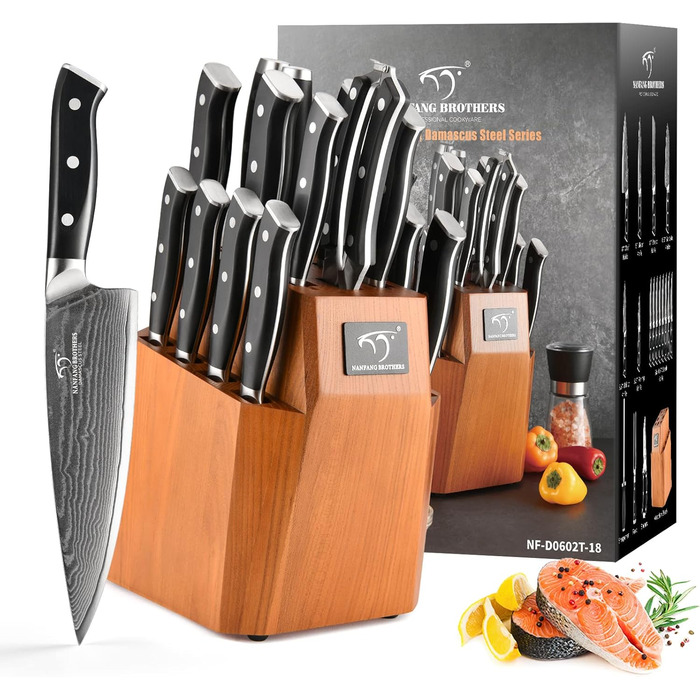 Набір професійних японських ножів NANFANG BROTHERS Messersets Damast (18 шт.) з підставкою, VG10 сталь, 67 шарів дамаску