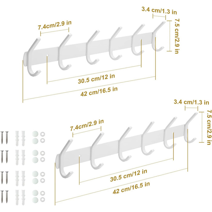 Рейка для гачків 2 шт. Настінні гачки для одягу, нержавіюча сталь, 6 гачків, 42-50см