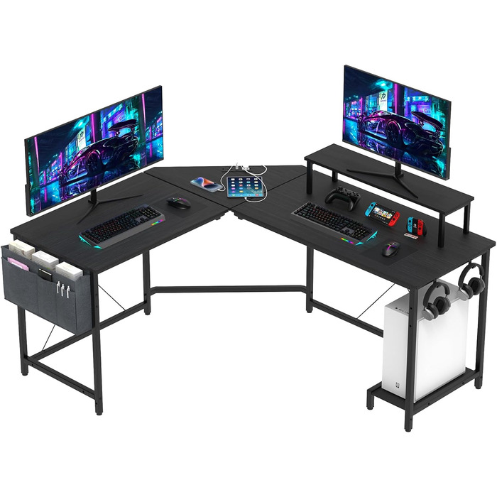 Ігровий стіл HaodaCulture 160x135 см з підставкою для монітора, 2 розетки та 2 USB-порт, кутовий, для комп'ютера, великий, 160 x 135 x 75 см