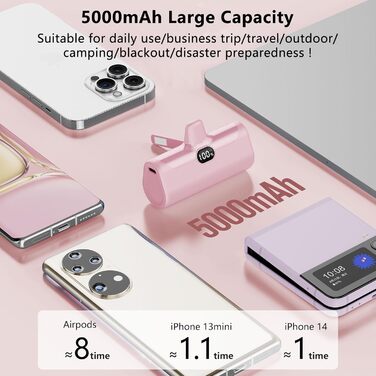 Підставка та світлодіод, сумісний з iPhone 14/13/12/11/XS/XR/8/7 (рожевий), 5000mAh