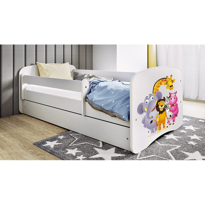 Дитяче ліжко Bjird Молодіжне ліжко 70x140 80x160 80x180 біле з матрацом із захистом від падіння, шухлядою та рейковою основою Дитячі ліжка для дівчаток та хлопчиків - Zoo 180 см