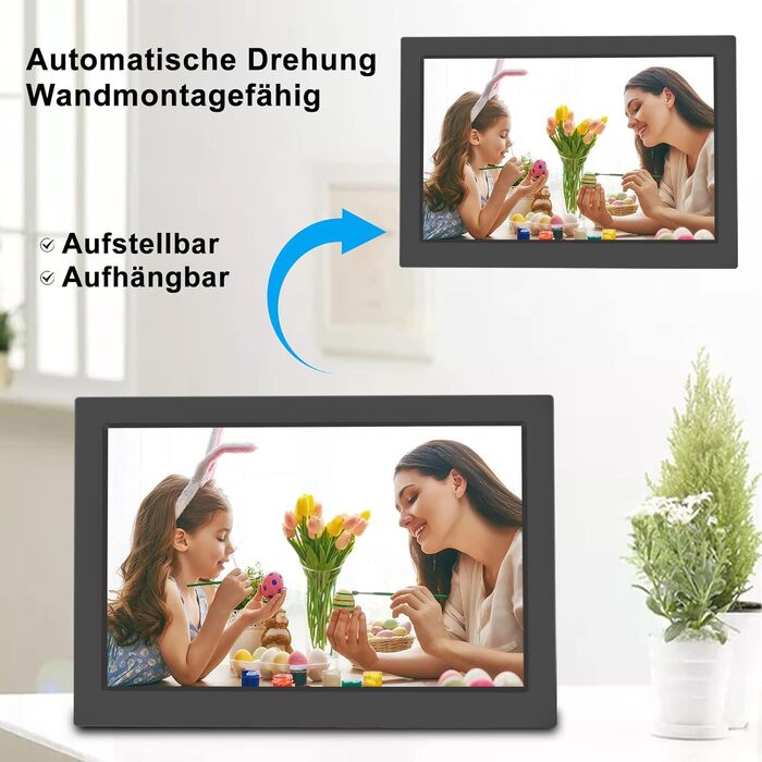 Цифровий фоторамка 10.1 дюйма WiFi з 16GB, IPS сенсорний екран, автоповорот, миттєвий обмін фото та відео через додаток Frameo (Чорний)