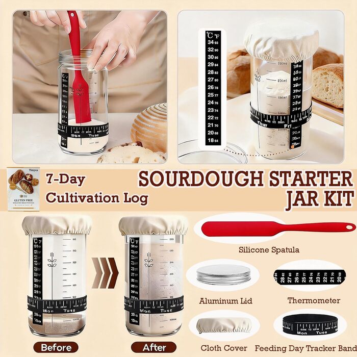 Набір для закваски Sauerteig: 650 мл скляний контейнер для бродіння, силіконові корзини для бродіння (круглі та овальні), 30-ти елементний набір для випікання хліба, легко миється та зберігається. Ідеальний подарунок для початківців та досвідчених пекарів