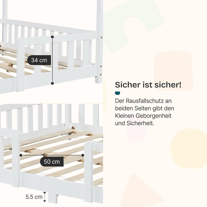 Дитяче ліжко Treviolo від en.casa: ліжко-хала з захистом від падіння, монтайсорі, з ламелями, з сосни, біле