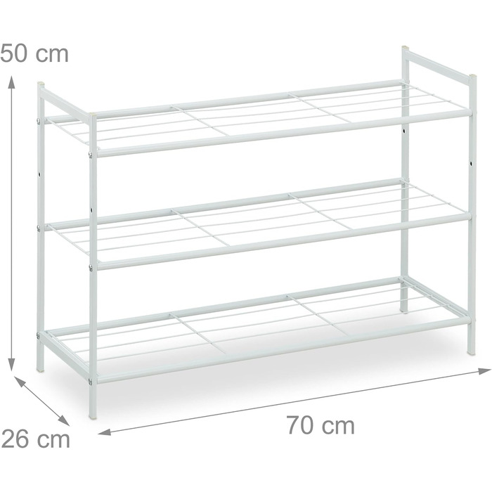 Металева полиця для взуття Relaxdays, 3 рівні, розширювана, полиця для взуття в передпокої HBT 50 x 70 x 26 см, 9 пар взуття, відкрита, (біла)