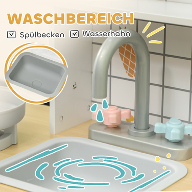 Дитяча кухня з аксесуарами та звуковими ефектами: кавоварка, духовка, багато місця для зберігання. Виготовлена з МДФ та нержавіючої сталі, підходить для дітей від 3 років.