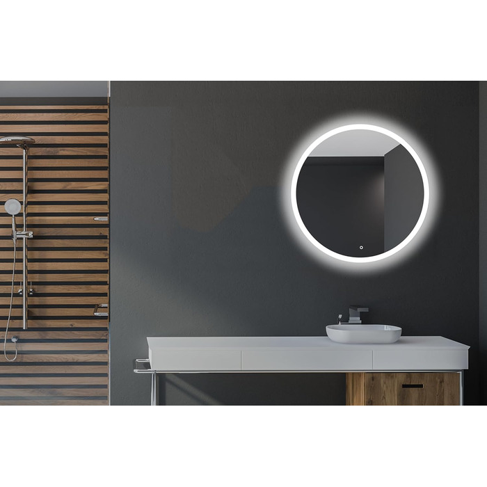 Круглий дзеркало для ванної кімнати 80 см з LED підсвічуванням та сенсорним вимикачем, натурально-біле світло (діаметр 80 см)