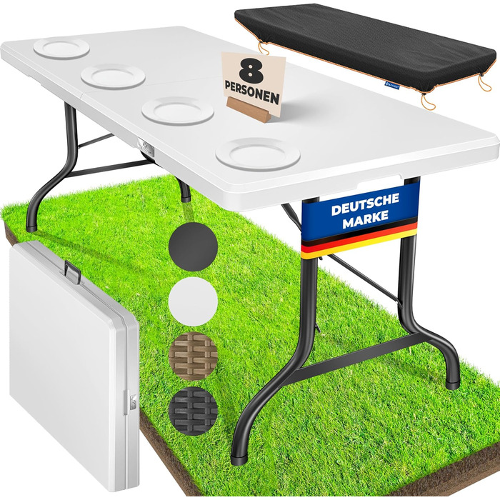 Стол KESSER® розкладний буфет пластиковий 183x76 см для кемпінгу, відпочинку, саду, тераси, балкону на 6 осіб з чохлом та ручкою, білий