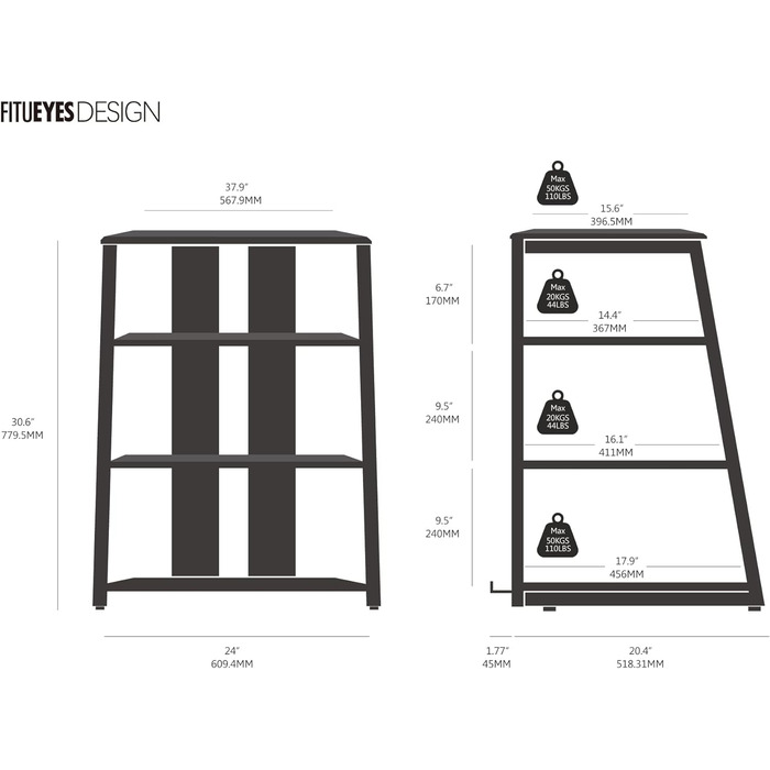 Стійка FITUEYES HiFi Rack wood & steel, регульована, для програвачів і стерео, 652x78 см (хакі)