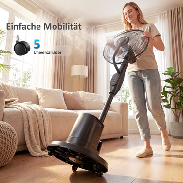 Підлоговий вентилятор з функцією зволоження, осциляція 70°, 3 швидкості, 3 режими, резервуар для води 3,5 л, чорний