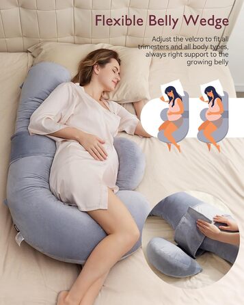Подушка для вагітних Momcozy F-подібної форми з регульованою подушкою-клином, підтримка всього тіла, для сну на боці, з велюровим чохлом, сіра