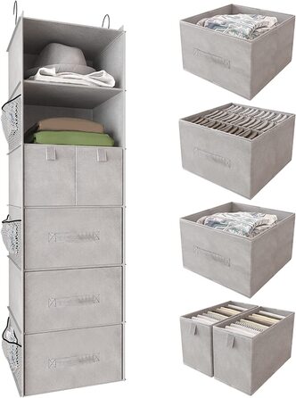 Підвісна шафа Bosuelife з 6 полицями і 5 різними ящиками, складаний шафа-органайзер і місце для зберігання гардероба, гардероба і будинку на колесах, одягу і аксесуарів, нетканий матеріал, сірий