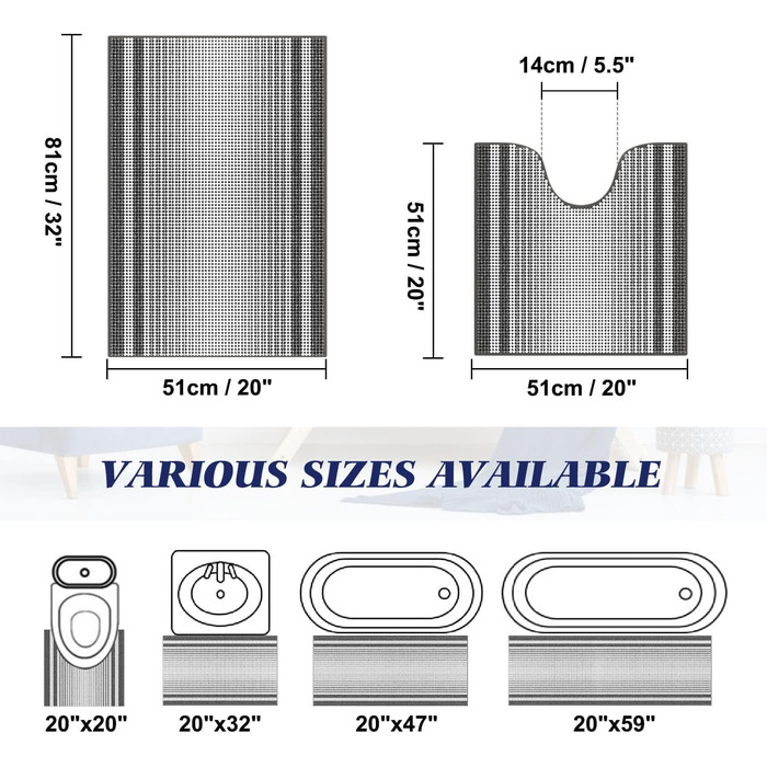 Набір килимків для ванної McEu з 3 предметів, нековзні миються Килимки для ванної 120x51 см66x44 см і U-подібний контурний килимок для унітазу 551 см, абсорбуючі Килимки для ванної з мікрофібри з синелі для ванної кімнати, (851 см551 см, темно-сірий)