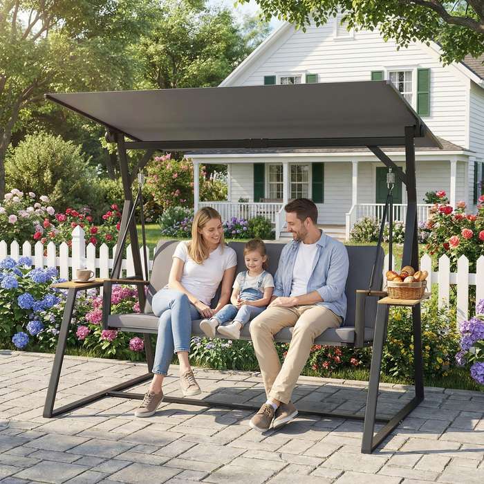 Гойдалка садова для трьох осіб з регульованим дахом, подушками та підставками для напоїв, вантажопідйомність 360 кг, сіра