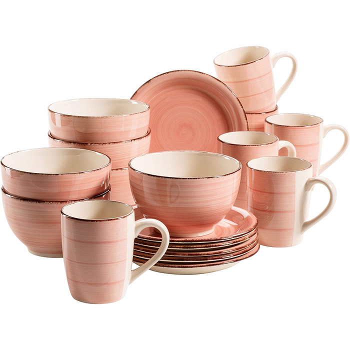 Сніданок MSER 931496 Bel Tempo II на 6 персон у вінтажному стилі, кераміка з ручним розписом, набір посуду з 18 предметів, глиняний посуд (рожевого кольору)
