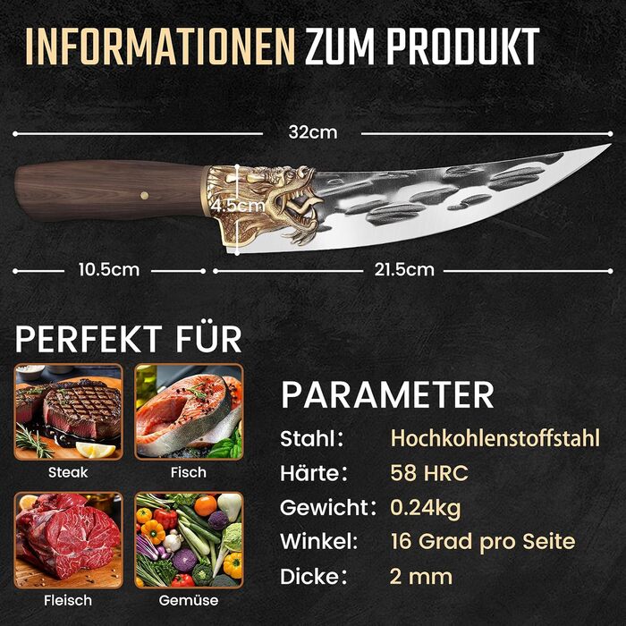 Кухонний ніж Purple Dragon: професійний шеф-ніж з ручкою з рожевого дерева | Для м'яса, риби та овочів