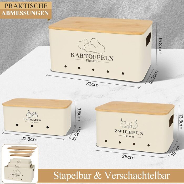 Набір з 3 коробок для зберігання картоплі, цибулі та часнику Vintage Beige Moz-O-PBDE02-BE