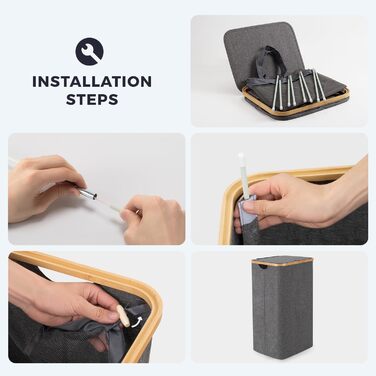 Кошик для білизни Rieeyrslza з кришкою, 158 л, бамбук, 2 мішки, Oxford, складний, сортувальник, для ковдр та одягу (сірий)