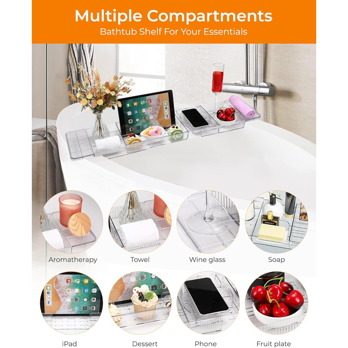 Підставка для ванни висувна, пластикова, з полицею для книг, водонепроникна, аксесуар для ванни (прозора)