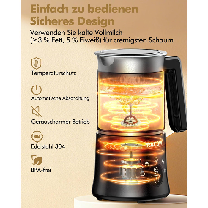 Електричний спінювач молока 5-в-1: автоматичний спінювач молока 350 мл, миється в посудомийній машині, для гарячого та холодного молока, капучино, лате, гарячого шоколаду