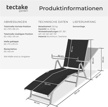 Шезлонг Tectake алюмінієвий, складний, з підлокітниками, регульована спинка, для балкона, саду, тераси, кемпінгу - сріблясто-сірий