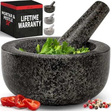 Набір ступки та пестика Priority Chef Heavy Duty Extra Large, 4 чашки, ручна робота з натурального граніту. Для приготування гуакамоле, сальси, песто та інших страв. Об'єм: 2 чашки, чорний колір.